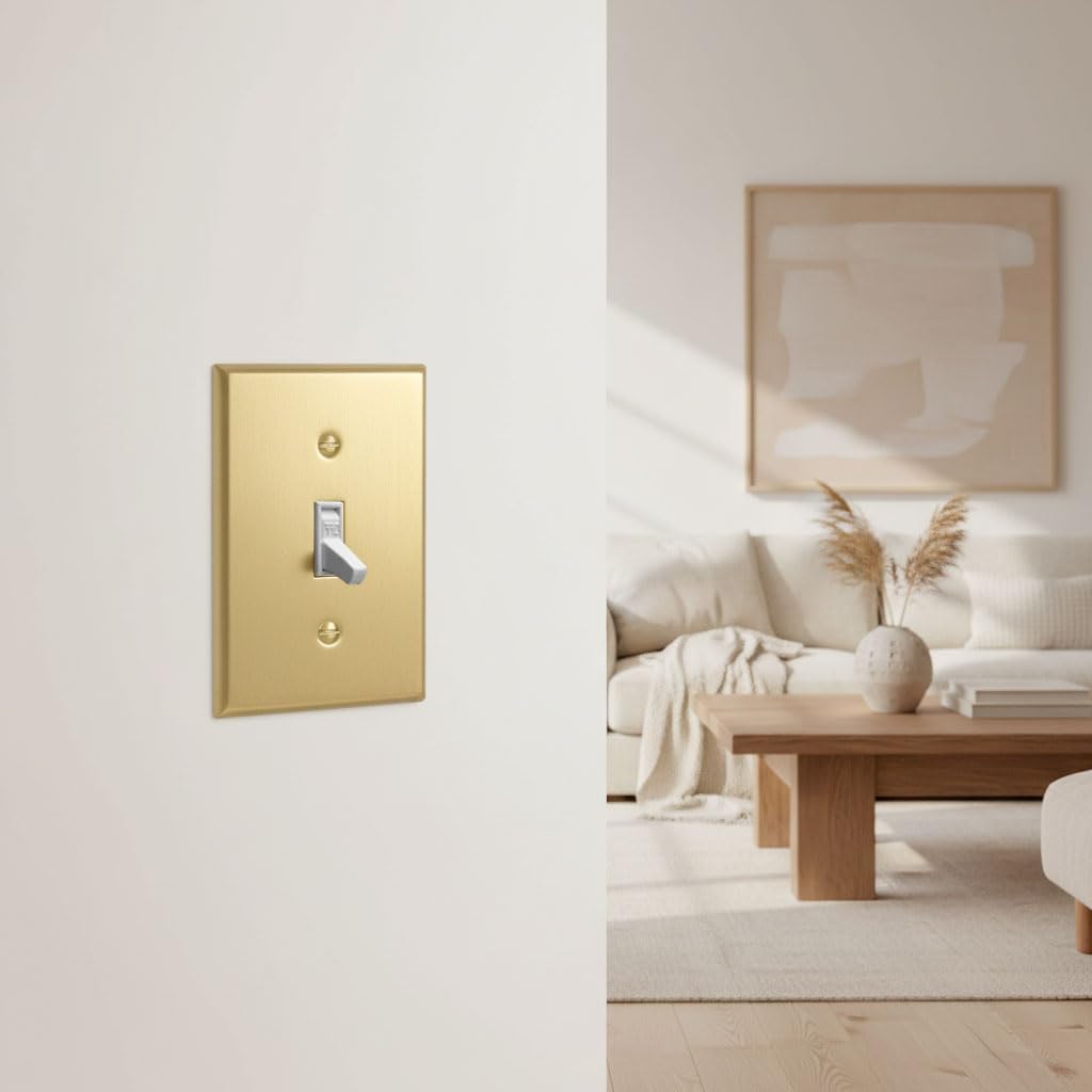 Rio Salto BRASS Signature Collection Brushed Brass Gold Metal Outlet Cover, Decorative Light Switch Cover Plate Wall Plate, Premium, Toggle Flip Switch 1-Gang, 2.75" X 4.50" Standard Size