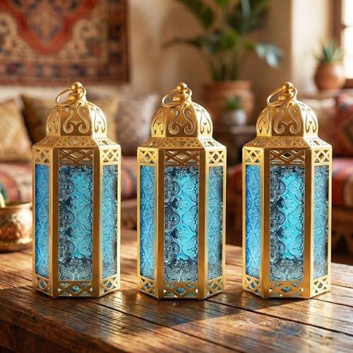 VELA LANTERNS 3pk Gold Moroccan Decor Candle Lantern, Decorative Candle Holder Lamp for Ramadan, Indoor Home Decor, Patio, Weddings, Table or Hanging, Blue Glass, Medium