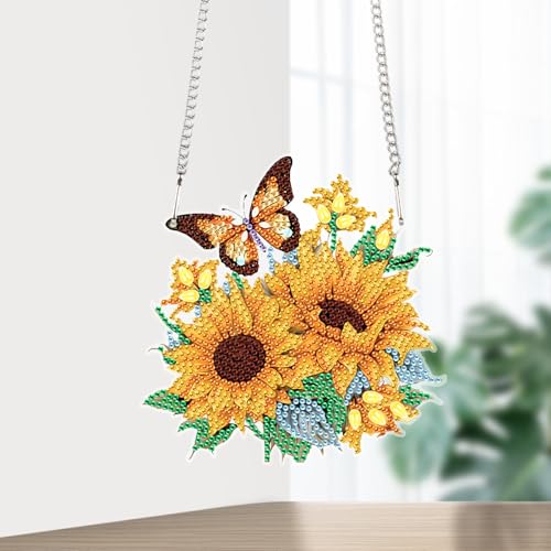 Image of AiYuanzsh Sunflower Butterfly Diamond Painting Hanging Ornament Kit - DIY 5D Crystal Art Suncatcher for Home Wall Window Decoration, Handmade Craft Gift for Adults