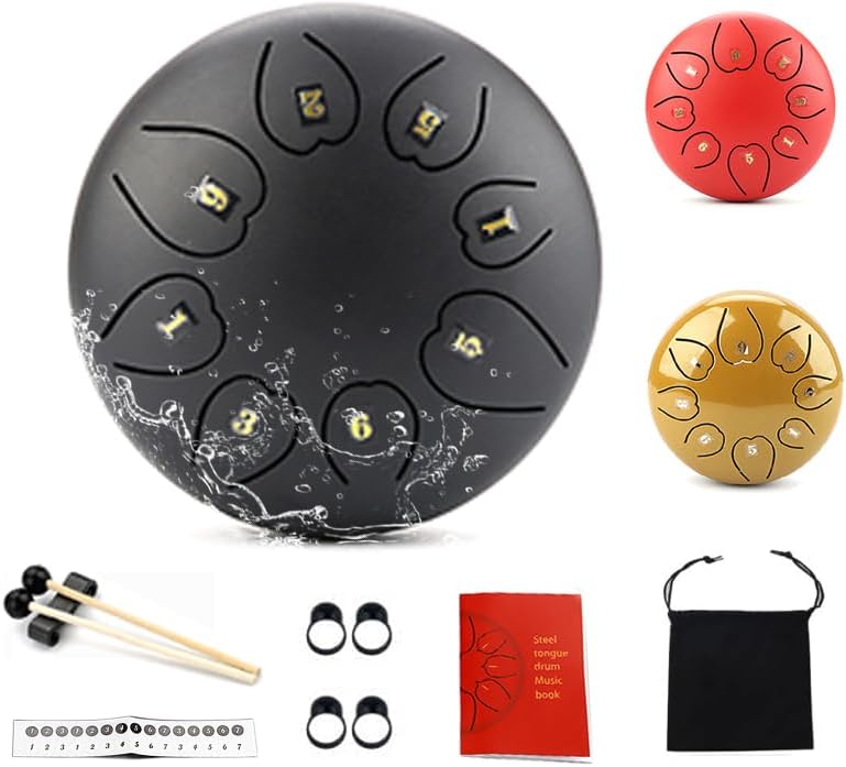Steel Tongue Hand Drum for Outside/Garden, 6 Inches 8 Notes Steel Rain Drusm for Kid or Adults, Meditation Musical Instrument Hand Pan Drums with Soft Bag, Music Book, 2 Mallets Red