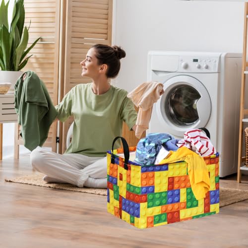 Image of Colorful Building Blocks Print Storage Basket, Waterproof Lining Organizer Bins, Leather Handles, Collapsible for Kids Toys, Clothes, Laundry, Gift Basket