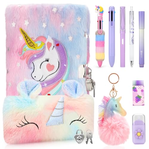 Anyfirst Plüsch Tagebuch Mädchen mit Schloss, Einhorn Plüsch Tagebuch Set mit Stift, Federmäppchen & Notizbuch Kinder, Einhorn Geschenke für 6 7 8 9 10 11 12 Jahre