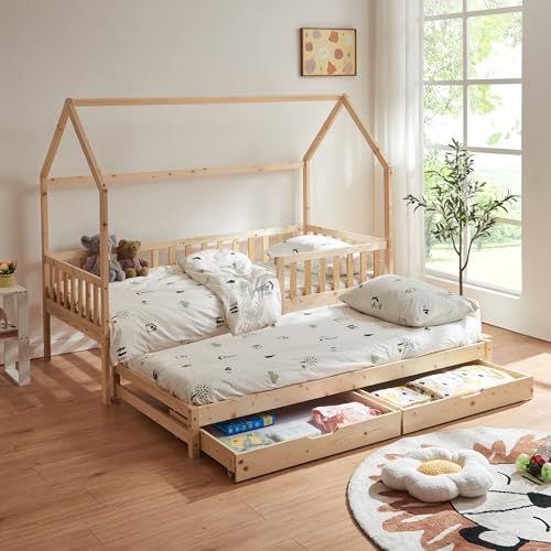 [en.casa] Cama Nido Aarghonmaa En Forma de Casita Cama Supletoria Somier 90x190 cm con 4 Ruedas y 2 Cajones Protección contra Caídas máx. 120 kg Madera de Pino 90 x 200 cm   Natural