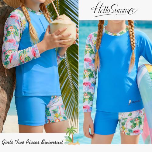 Image of Girls Swimsuit Two Piece Rash Guard Set for 4-14 Years UPF 50+ UV Protective Long Sleeve Swimwear