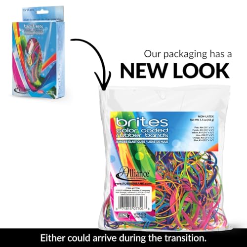Image of Alliance Rubber 07706 Non-Latex Brites File Bands, Colored Elastic Bands, 1.5 oz Pic Pac Dispenser (Assorted Bright Colors and Sizes)