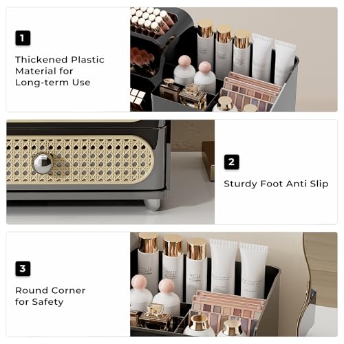 Image of UFORU Makeup Organizer for Vanity with Brush Holder, Large Capacity Bathroom Countertop Skincare Organizer with 2 Drawers, Cosmetic Display Case for Perfumes, Eyeshadow Palettes, Nail Polishes