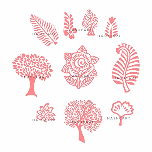Image of Hashcart | Set of 10 | Handcarved Tree Shape Wooden Block Stamps for Block Printing, Fabric Textile Project Designing Scrapbooking Clay Pottery Craft Tattoo
