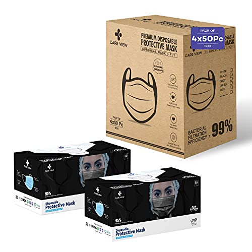 Image of 3 Ply Disposable Cotton Face Masks (Pack of 200, Black) for Unisex with Nose Pin BIS, (ISI) Certified Mask with Melt Blown Layer