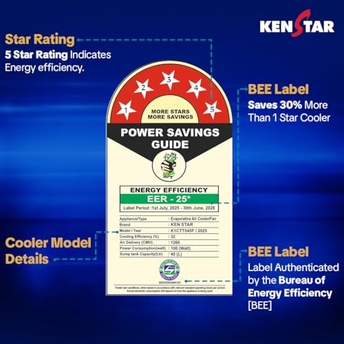 Image of Kenstar TallDe HC 45 Personal Air Cooler 45L Honeycomb Pads High Speed Fan Inverter Compatible 5 Star BEE Rating 5 Year Comprehensive Warranty
