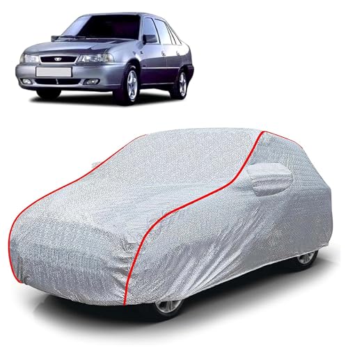 Image of Sulfar 100% Waterproof Car Body Cover Compatible with Mirror for Daewoo Cielo (Triple Stitched, Full Bottom Elastic, Magic Silver with Red Piping)