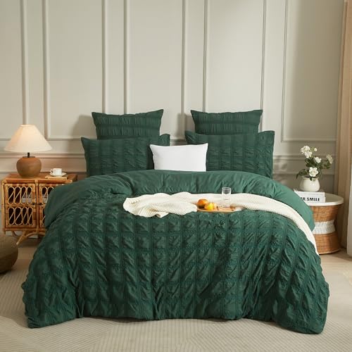 Luowei - Juego de ropa de cama de sarga 135 x 200 cm, 4 piezas, a cuadros, color verde oscuro y verde, mullido, ropa de cama sin necesidad de planchado, juego estético, refrescante de verano, funda
