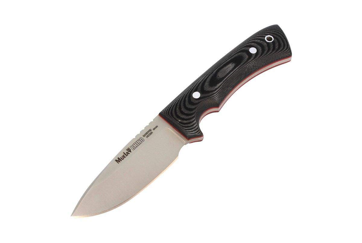 Muela Cuchillo Rhino RHINO-9M hoja de acero Sandvick 14C28N de 9 cm y empuñadura de micarta negra para Caza, Pesca, Supervivencia y Bushcraft Realizado en Ciudad Real + Portabotellas de regalo