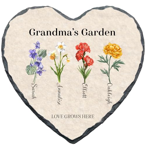 Personalized Grandma Garden Stone Heart with Grandkids Names & Birth Flowers Custom Slate Gift for Nana Mimi & Mom Heartfelt Plaque for Mothers Day Birthday Gifts (S-202)