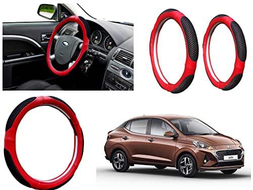 Image of Microfiber Car Steering Wheel Cover, Soft Padding Great Hand Feel, Anti-Slip, Faux Leather Steering Cover for Hyundai Aura | Black Red Jali - Pack of 1