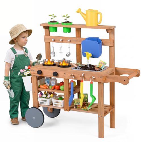 Image of HONEY JOY Mud Kitchen with Wheels, Fir Wood Outside Play Kitchen for Toddlers, Realistic Faucet & Water Tank, 15 Garden Tools, Storage Shelf, Planter Cups, Mud Table for Kids Outdoor Backyard,Natural
