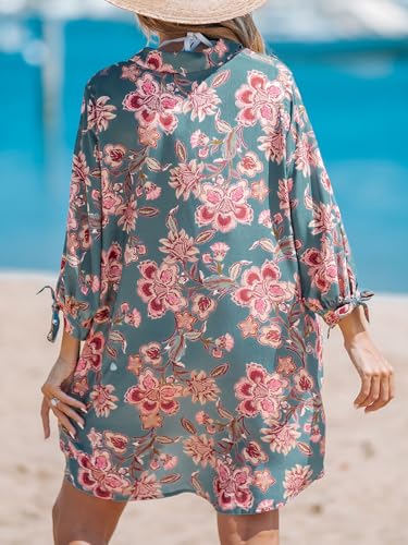 Image of CUPSHE Women Mini Summer Dress Cover Up Oversize Floral Shirt 3 /4 Sleeve Cuff Tie Button Down Beach Dresses Cover Up Top