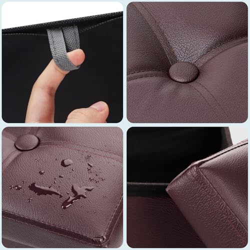 Image of Bsketa Storage Ottoman Bench,17 Inch Folding Leather Foot Rest Stool, Brown | Small Ottoman with Side Pockets, Thicker Foam Padded Seat, Livingroom, Dorm, Bedroom, Easy to install, 43L,17x13x13in