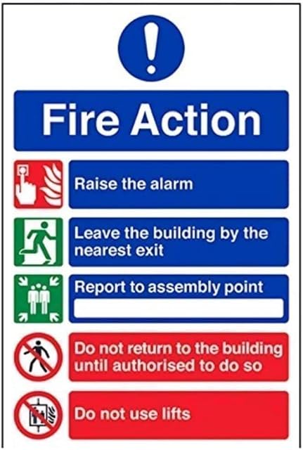 VSafety General Fire Action 5 Message Sign - Portrait - 200mm x 300mm - Self Adhesive Vinyl