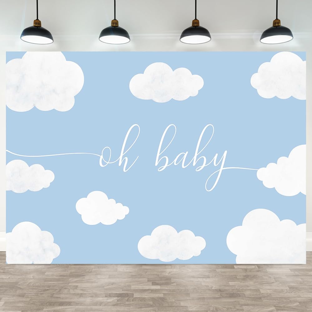 Hilioens 7x5ft Oh Baby Boy Backdrop White Clouds Blue Sky Baby Shower Party Decorations Kids Children Party Banner Graduation Background