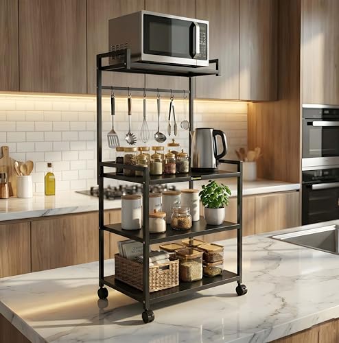 Image of 4 Tier Heavy Duty Microwave Stand with Wheels | Metal Kitchen Appliance Rack for Oven, OTG, Air Fryer | Storage Organizer Trolley (MS 4 Black)