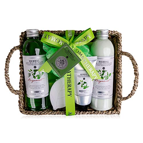 Set de baño accentra-regalo Set de bienestar y SPA HERBAL de en una cesta de hierba marina- Hermoso set de regalo de 6 piezas para cualquier ocasión, de color verde