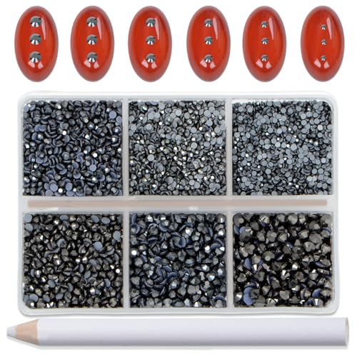 Image of Bymitel Hotfix Crystal Rhinestones Round Gems for Crafts,Mixed 6 Sizes with Wax Pencil Kit, Jet Hematite 1.3-3.2mm(SS3-SS12 /8000pcs)