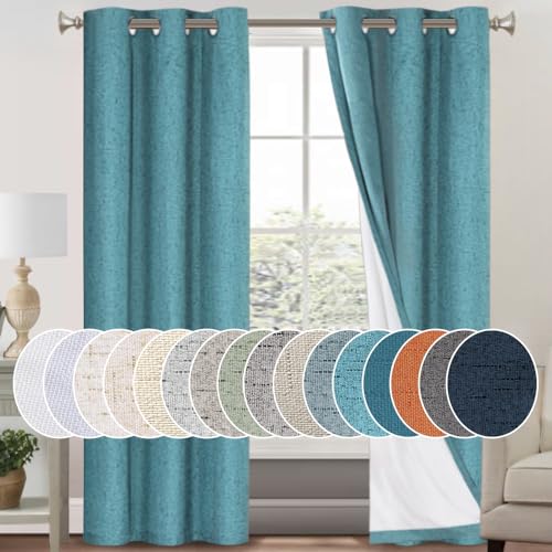 Image of PrinceDeco Teal Blue 100% Blackout Linen Textured Curtains for Bedroom Thermal Insulated Grommet Room Darkening Curtains & Drapes for Living Room Nursery 42 x 84 Inch (2 Panels)
