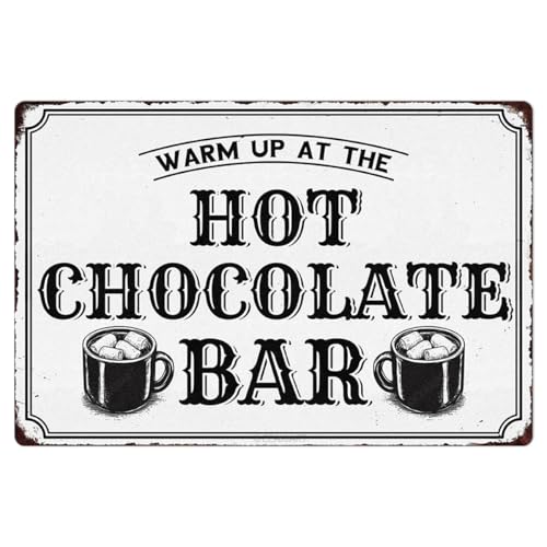 Christmas Metal Signs Warm Up At The Hot Chocolate Bar Tin Sign Vintage Print Art Poster Ornaments for Home Kitchen Patio Yard Office Cafe Coffee Bar Porch Wall Decor Xmas Novelty Gift 8X12 Inch