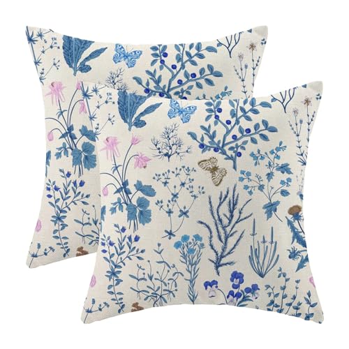 Image of AEIOAE Summer Pillow Covers 16x16 Inch Set of 2,Blue Wild Flower Plant Throw Pillows Case,Seasonal Floral Outdoor Decorative Square Linen Farmhouse Decor Cushion Covers for Home Sofa Bed Couch