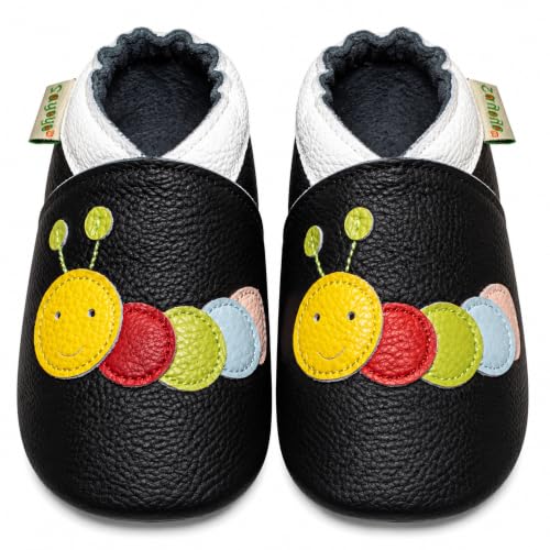 SAYOYO Weiche Leder Krabbelschuhe Baby Lauflernschuhe Jungen rutschfeste Babyhausschuhe Mädchen Kleinkind Lederschuhe, 6-12 Monate, Schwarz Caterpillar