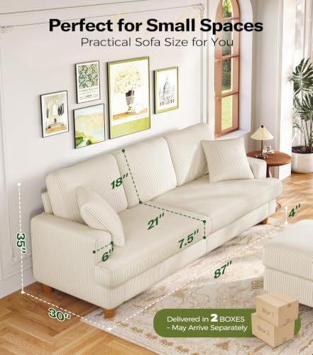 Image of Kidirect 87in Corduroy Couch, 3 Seater Sofa, Sofas & Couches, Beige Couch | No Tool Assembly, Comfy Couches for Living Room, Oversized Loveseat Sofa, 21in Deeper Seat, Sofas for LIving Room & 2 Pillows