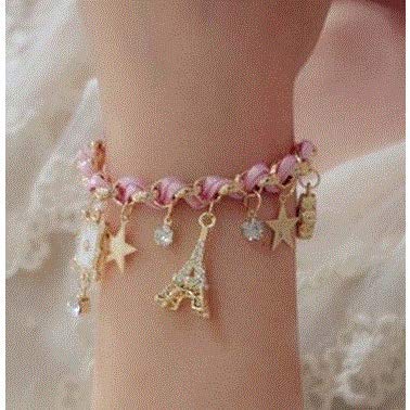 Bracelet Women Girls Ladies Beautiful Fashion Five-Pointed Star Flowers Poker Leather Cord Eiffel Tower In Paris Clover Bracelet