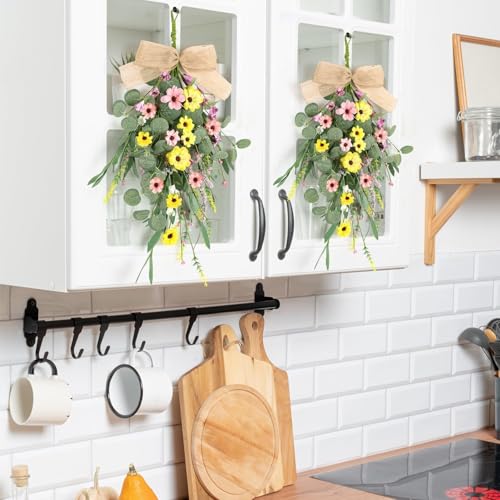 22" Artificial Spring Summer Swag Wreath 2Pcs Spring Summer Floral Teardrop Swags for Front Door Farmhouse Kitchen Cabinet Wreaths with Ribbon Faux Flowers Hanging Wreaths for Porch Wall Window Decor - Image 5