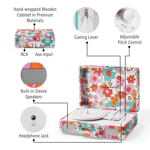 Image of Crosley CR8005F-GF Cruiser Plus Record Player, Groovy Floral | 3-Speed Turntable, Bluetooth In / Out, Built-in Stereo Speakers, Isolated Internal Speakers Minimize Vibration