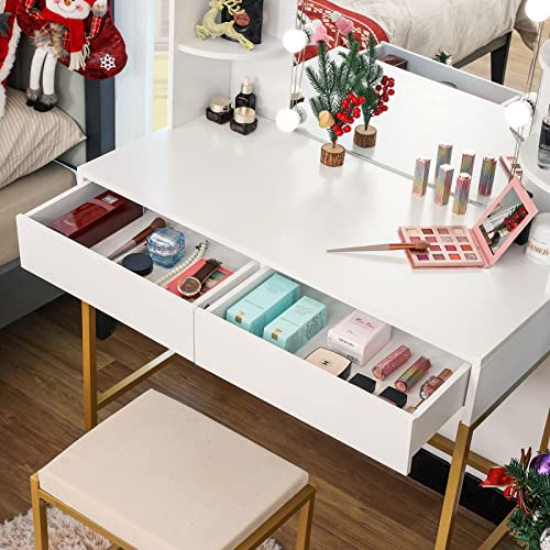 Usikey Makeup Vanity With 10 Led Lights & 2 Drawers, Vanity Set Dressing Table With 6 Storage Shelves, Vanity Table With Cushioned Stool, Vanity Desk With Mirror And Lights For Women,Girls, Gold-White #TOP3