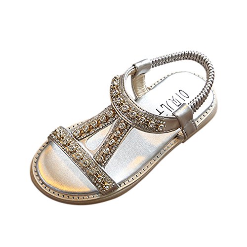 WUAI Kids Little Girls Summer Sandals Gladiator Princess T-Strap Rhinestone Beach Flat Sandals (Silver,4-4.5T)