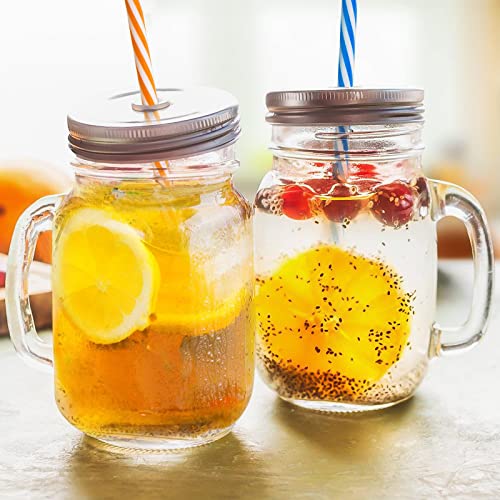 Tosnail 8 Pack 16oz Glass Mason Jar Mugs with Handle, 16 Pcs Tin Lids and 8 Pcs Plastic Straws, 480ml Old Fashioned Mason Jar Drinking Glasses, Clear Glass Cups for Party and Daily Use - Image 6