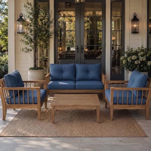 Image of DoCred Set of 4 Outdoor Chair Cushion, 6 inch Thick Patio Seat Cushion, Blue | 28D High Density Sponge Cushions & 7 inch Back Pillows with Fade and Water Resistant Cover for Patio Furniture Sofa Bench Swing