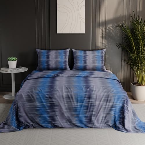 Image of BLISSHOME Everlast 150TC King Size Printed Bedsheet with 2 Pillow Covers for Double Bed, Aesthetic Bedding, Wrinkle Resistant, 100+ Wash Durable, Quick Dry, Geometric Pattern - Blue (228cm x 274cm)