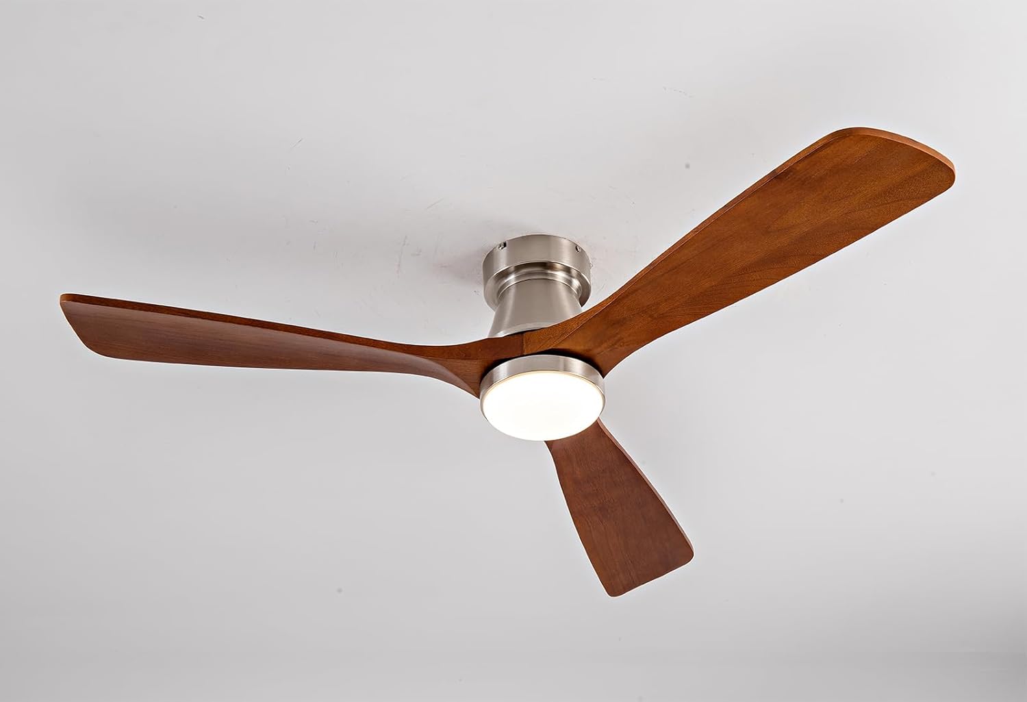 52-Inch Brushed Nickel Ceiling Fan with Lights, Remote Control, Flush Mount, Dimmable, Reversible, Wood Blades, Power-Off Memory, Modern Hugger Ceiling Fan for Indoor Outdoor
