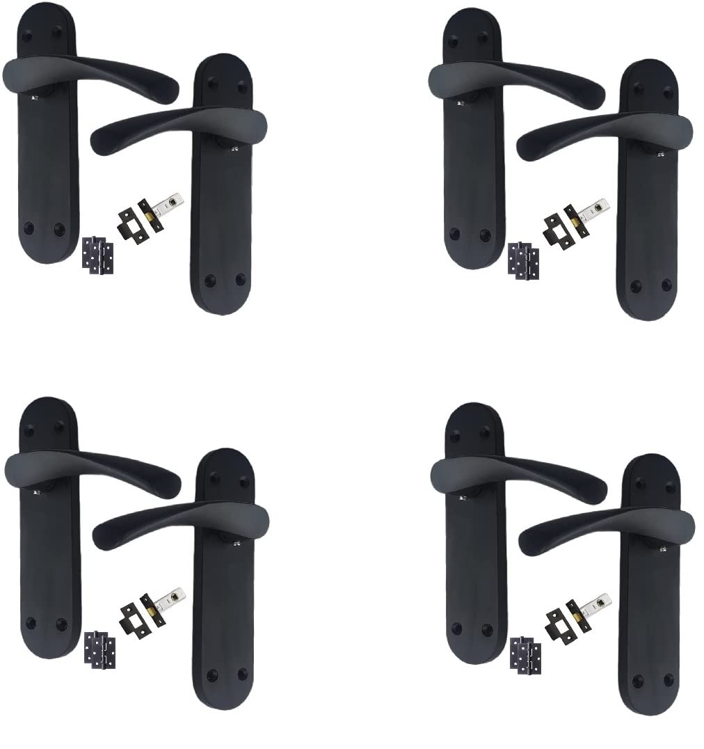 Golden Grace Matt Black 4 Sets Of Astrid Door Handles On Backplate Finish 182Mm X 45Mm Backplate Comes Complete With Ball Bearing Hinges And 64Mm Tubular Latch