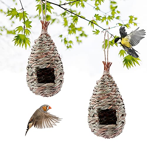 Kimdio Bird House,Winter Bird House for Outside Hanging,Grass Handwoven Bird Nest,Hummingbird House,Natural Bird Hut Outdoor,Birdhouse for Kids,Songbirds House