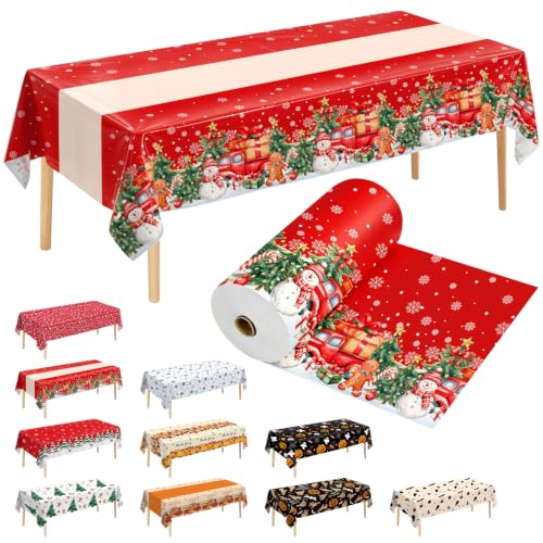 JHDZDHY 54 Inch X 300 Feet Plastic Table Cover Roll Disposable Christmas Tablecloth Snowman Table Runner Plastic Table Covers for Christmas Party Decorations