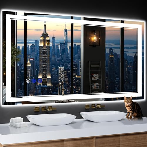 InfiniGlass 55'x30' LED Bathroom Mirror with Anti-Fog, Stepless Dimmable Lights, 3 Color Modes...