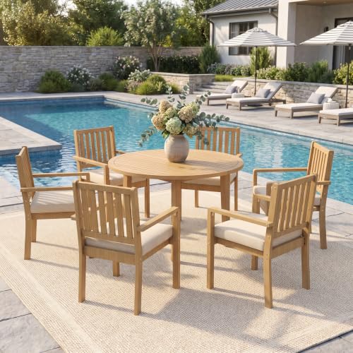 Wisteria Lane 7-Pieces Acacia Patio Table and Chairs Set for 6, Outdoor Dining Set with Table, Modern Patio Table Set with Cushion, Patio Furniture Set for Backyard Deck Garden Porch, Brown