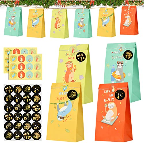 Niumowang Calendrier de l'Avent, 24 Calendrier de l'Avent à Remplir, DIY Noël Cadeaux Sacs avec 1-24 Numérique Autocollants, Pochette Noël Sacs de Cadeaux Sacs en Papier Kraft pour Cadeaux de Noël Cover