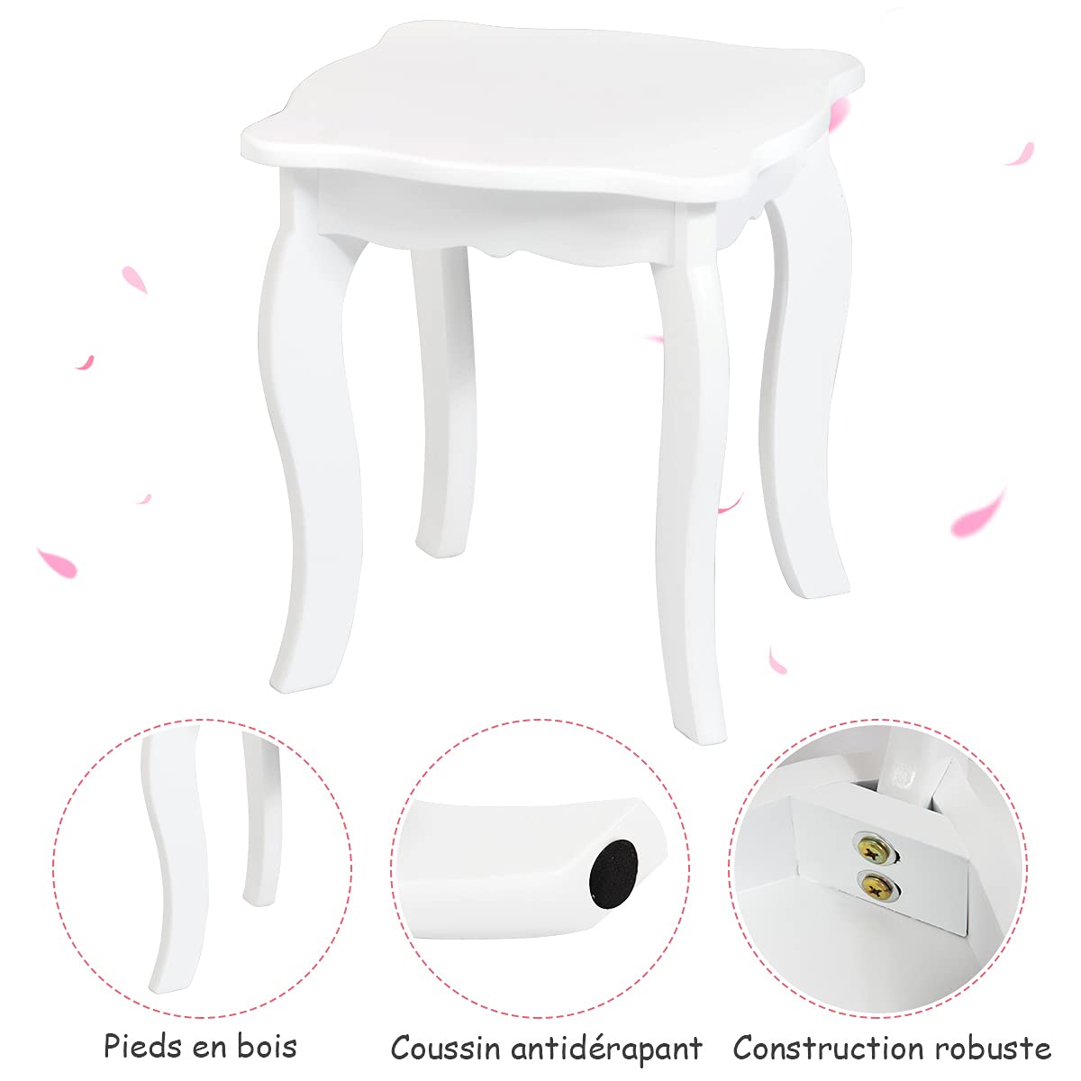 COSTWAY Coiffeuse pour Enfants avec Miroir à Trois Volets, Ensemble de Coiffeuse 2-en-1 avec Dessus Amovible, Tabouret Inclus, Jeu de Simulation de Beauté pour Filles (Blanc)