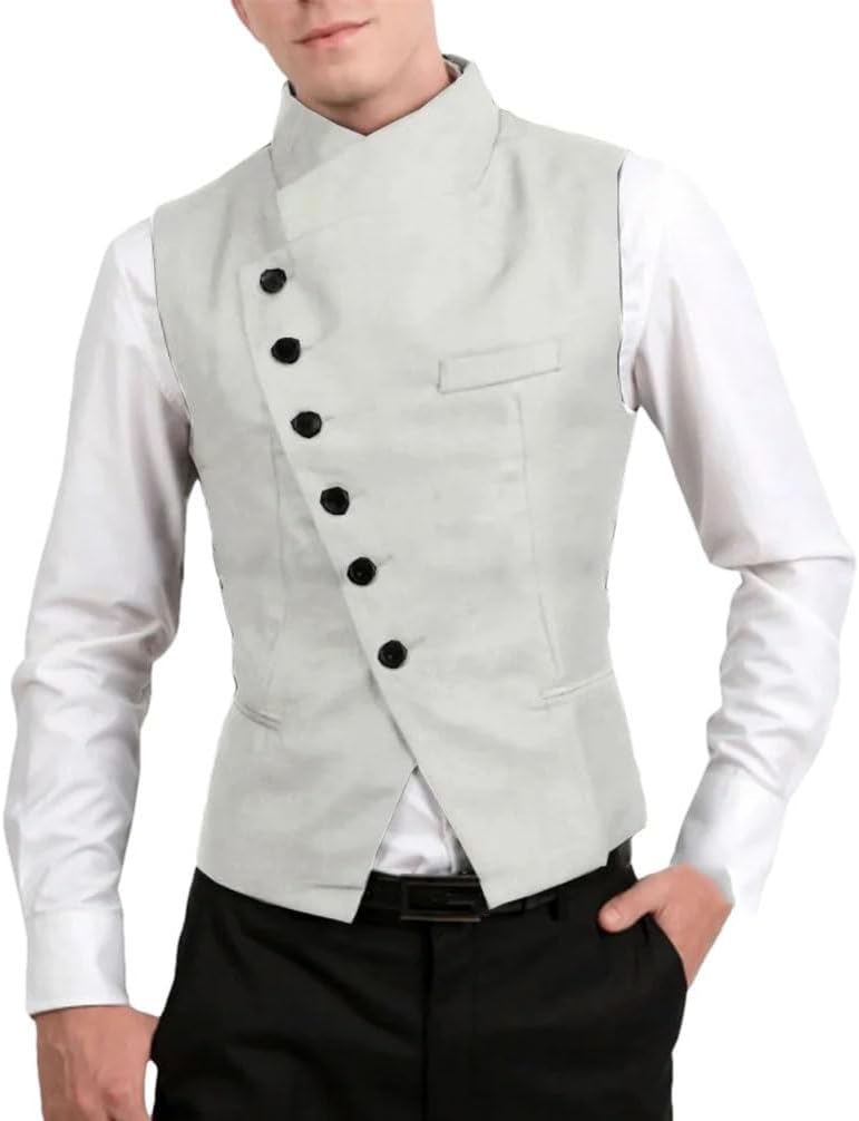 Men's Solid Color Casual Stand Collar Irregular Button Design Suit Vest