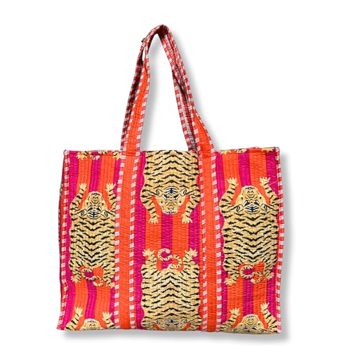 Bolso tote acolchado de algodón con estampado de tigre para mujer, bolso reversible de hombro, ligero para compras y viajes, regalo estilo jungla para ella | Sensación suave acolchada miniatura 1