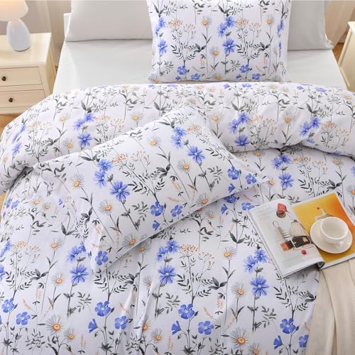 Image of MUXHOMO Blossom Blue Full Comforter Set, Elegant Floral Print Bed in a Bag 7 Pieces, Ultra Soft & Breathable Reversible Botanical Pattern Bedding Set with Comforter, Sheets, Pillowcases, and Shams